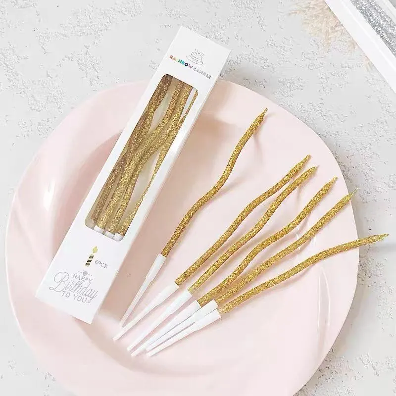 6'li kıvrımlı simli gold mum 16 cm