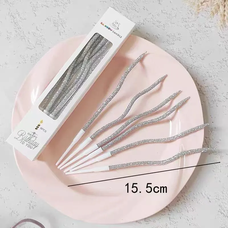 6'li kıvrımlı simli gümüş mum 16 cm