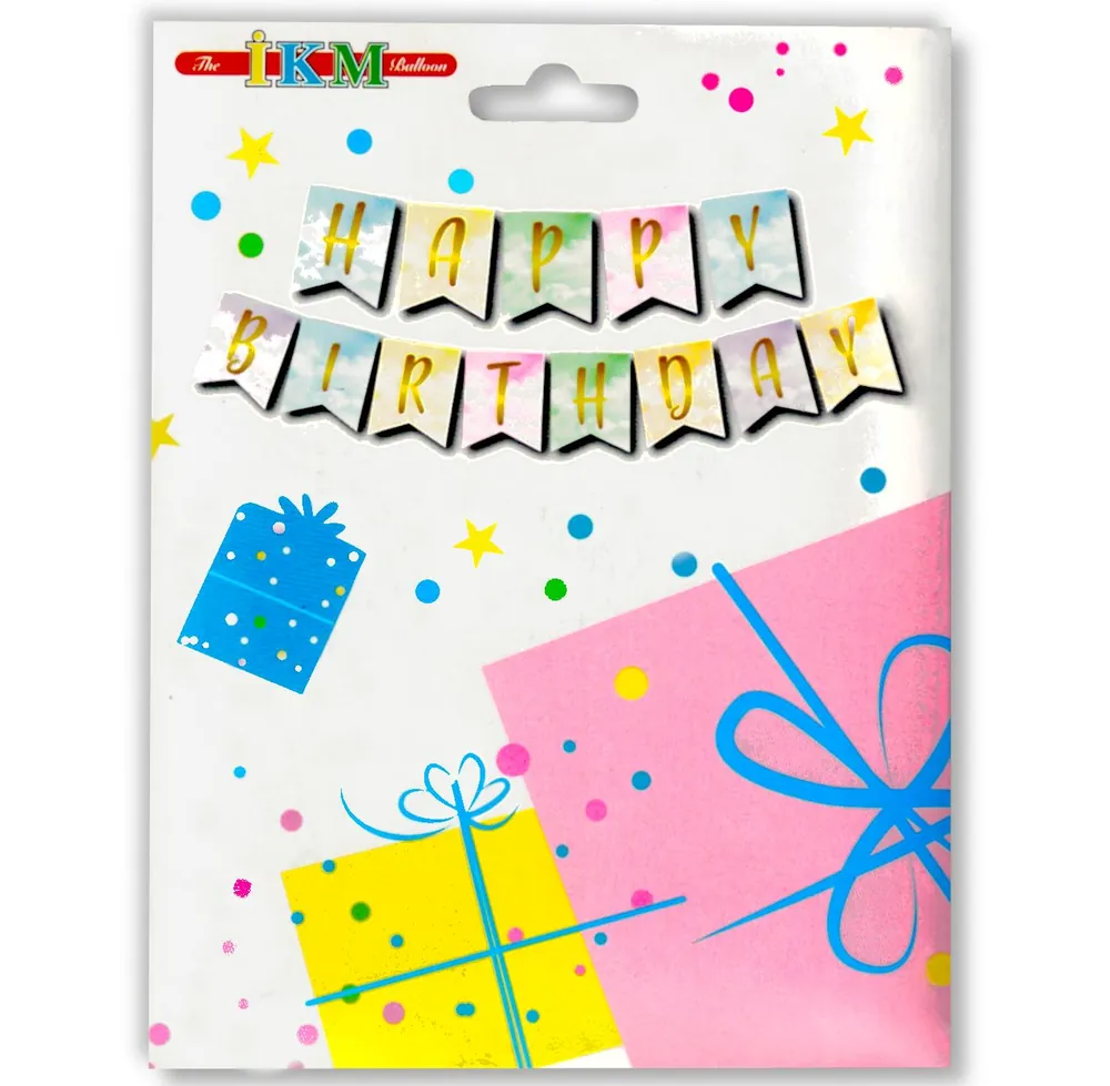 Gold renk küçük banner varaklı makaron renkli happy birthday uzar yazı