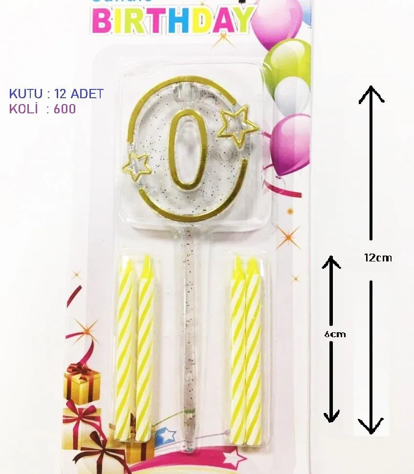 0 Gold renk mika şeffaf rakam mum 12 cm