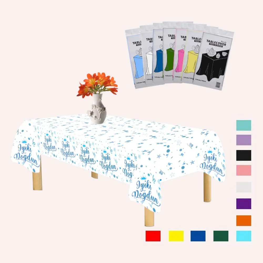 Mavi renk plastik iyi ki doğdun baskılı beyaz üstü baskılı masa örtüsü 120 × 180 cm